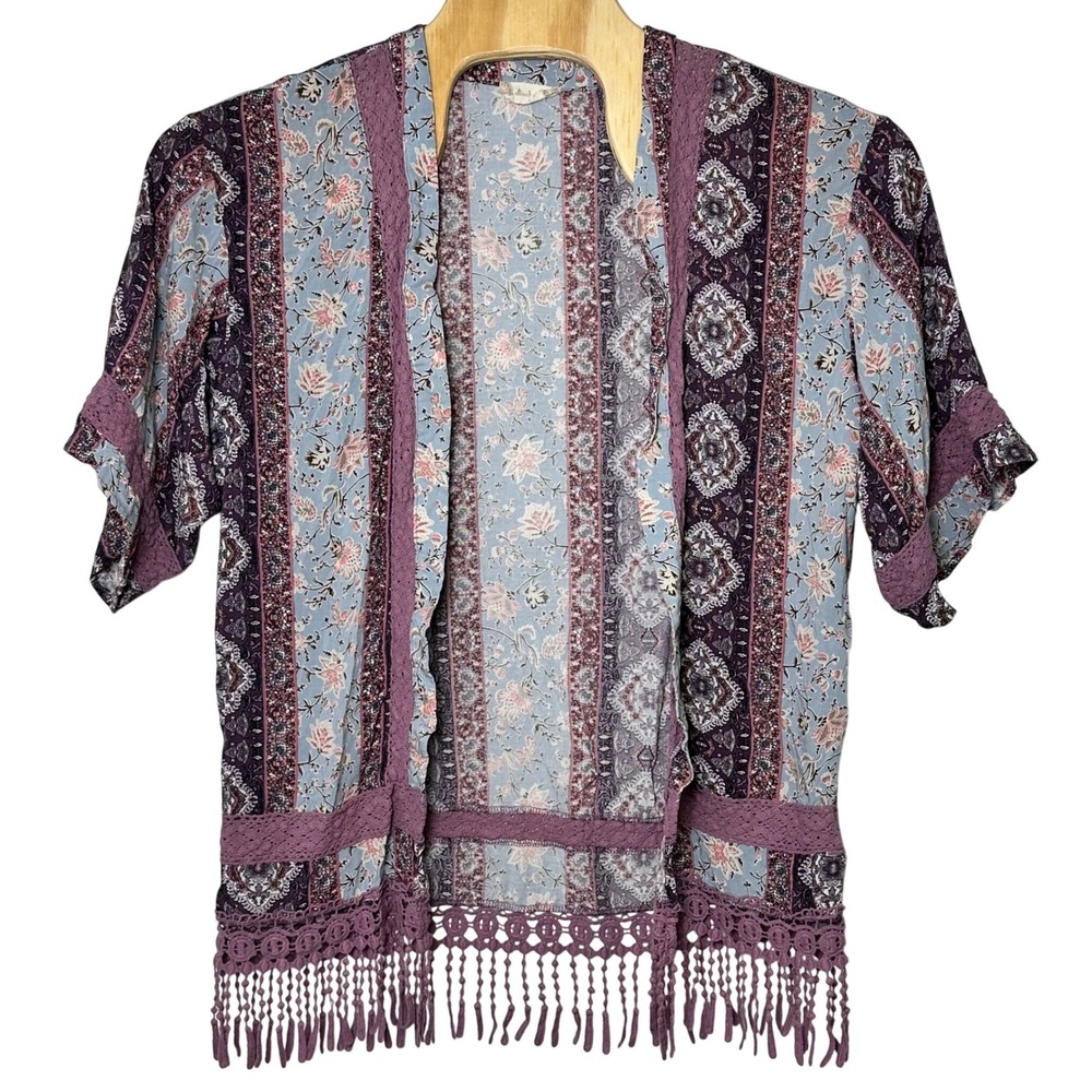 Altard State Floral Paisley Kimono Blue Purple Crochet Fringe Tassel Small Flaw